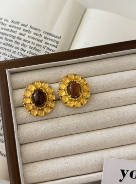 中古琥珀色复古黄色水晶耳钉耳环女晚礼服夸张镶钻精致小众耳饰