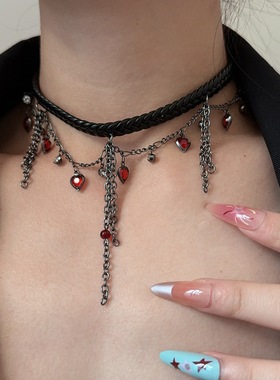 甜酷辣妹红宝石爱心皮质项圈颈链