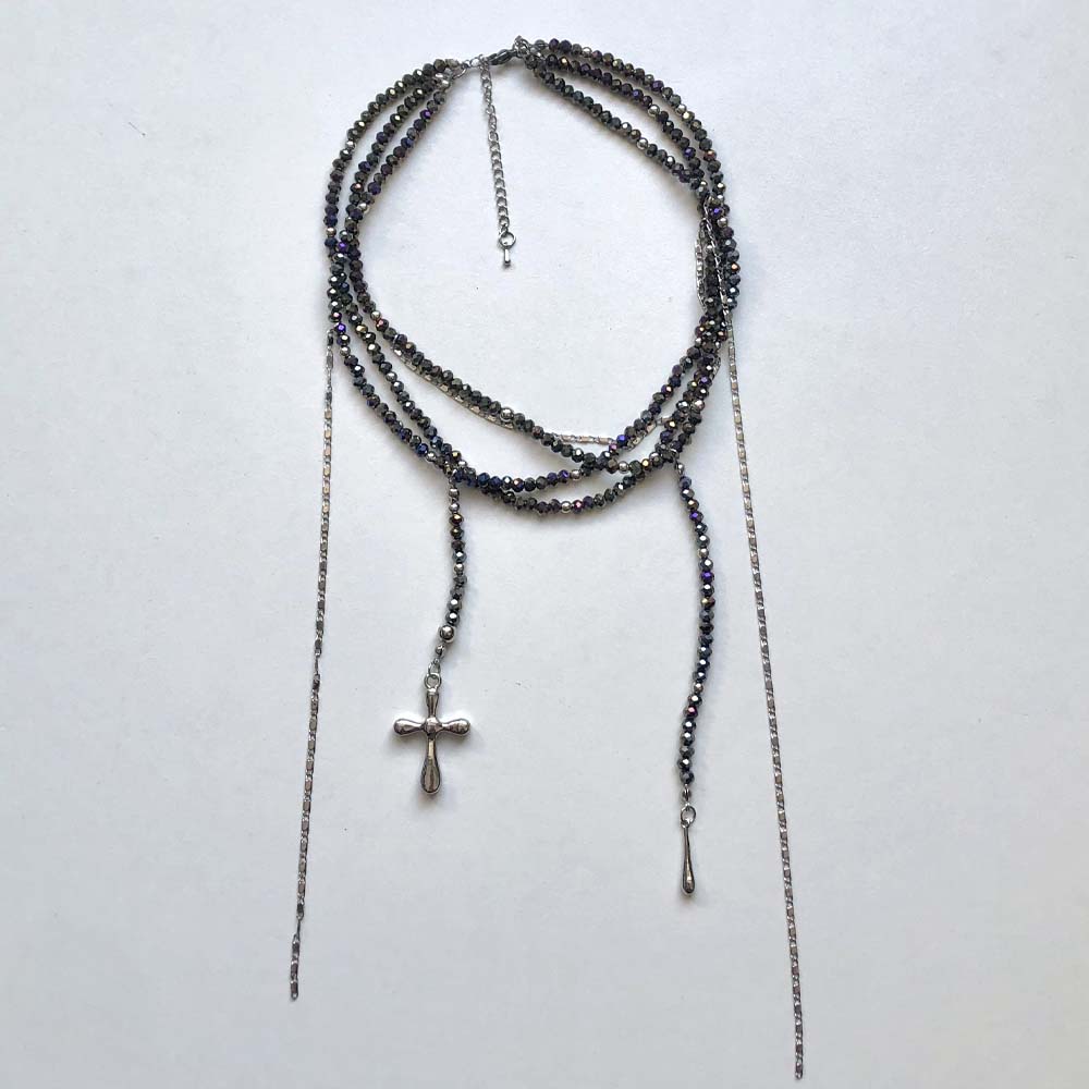 多层叠戴流苏十字架项链女毛衣链