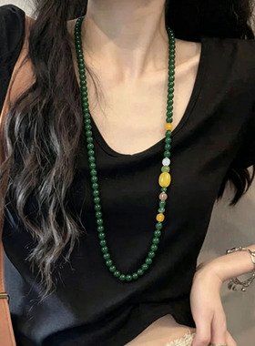 新中式长款串珠项链女不掉色碧玉绿水晶国风毛衣链高级感旗袍配饰