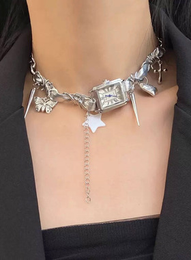 朋克机能金属银色钟表皮革项链女