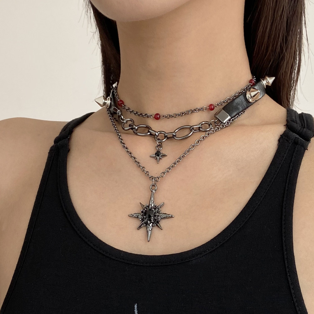 暗黑风多层叠戴皮质项圈芒星项链