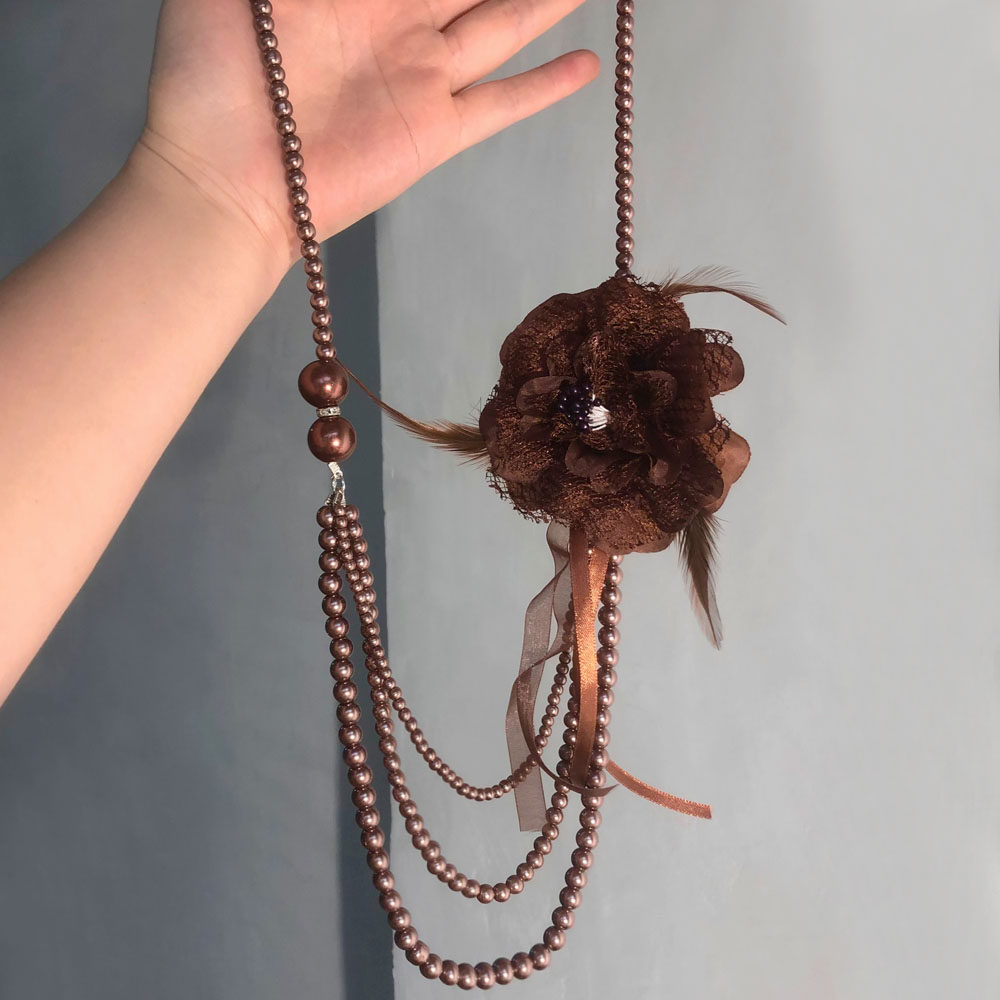 棕色美拉德仿珍珠蕾丝花项链女长款叠戴锁骨链氛围感毛衣链颈链