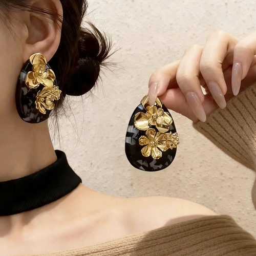 复古黑金立体鎏金花朵耳钉耳环女