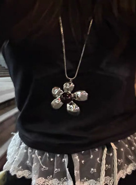 金属银色花朵吊坠长项链锁骨颈链