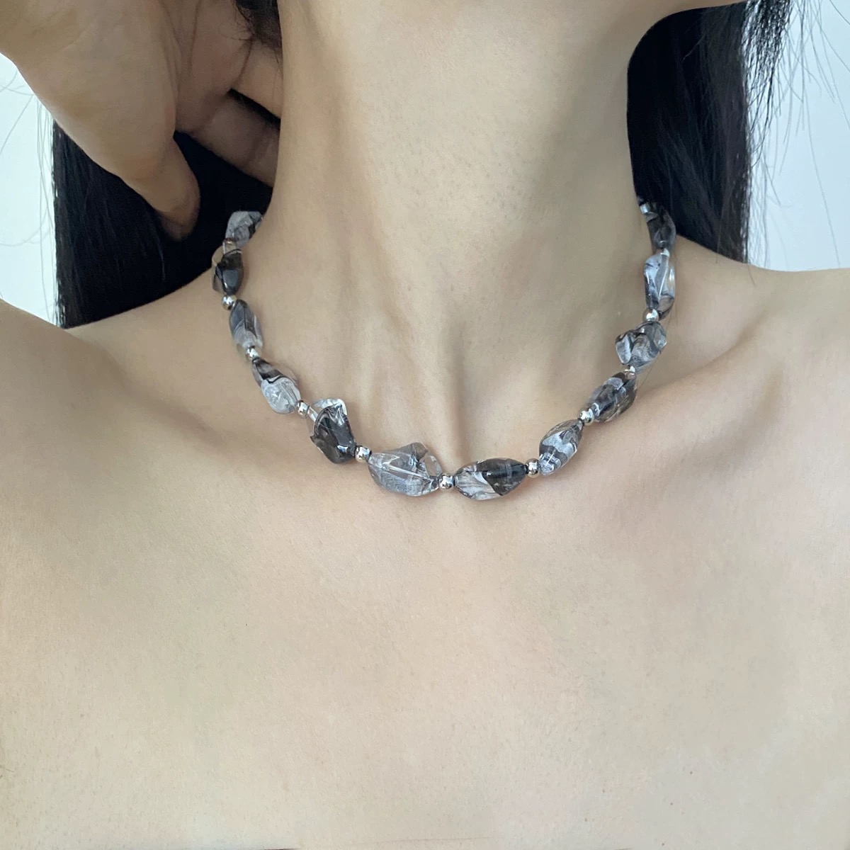 复古水晶碎石串珠项链OT扣锁骨链