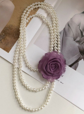 法式紫色玫瑰花朵多层珍珠项链