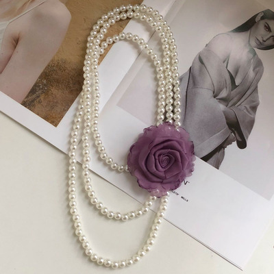 法式紫色玫瑰花朵多层珍珠项链