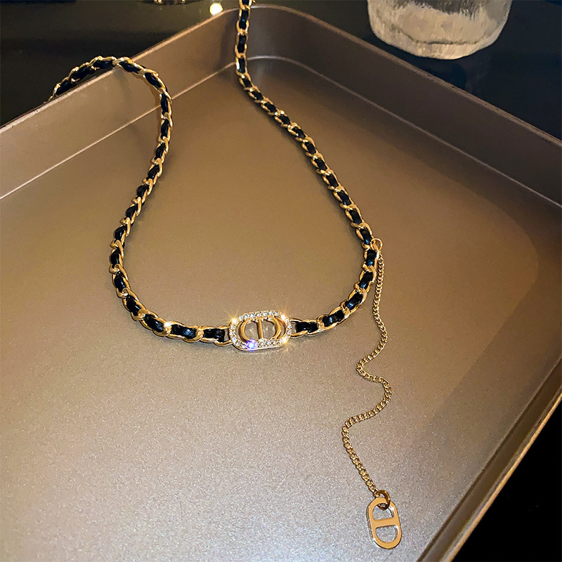 金属编织皮绳女皮绳字母项链