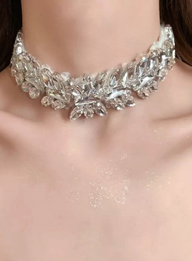 银色超闪水钻锆石chocker项链女