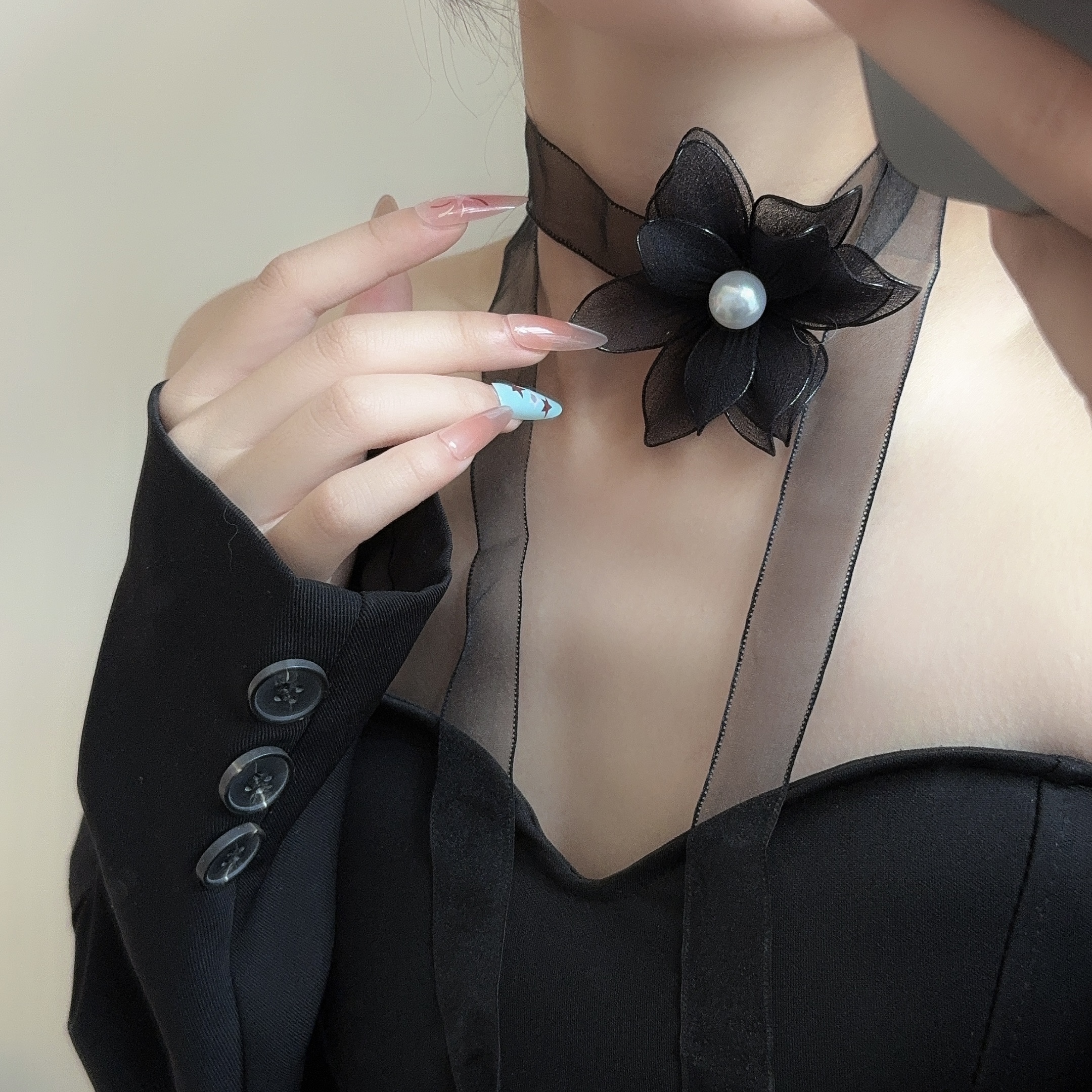 黑色丝带花朵choker颈链项圈绑带