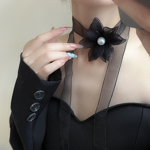 黑色丝带花朵choker颈链项圈绑带珍珠花锁骨项链女长款飘带毛衣链
