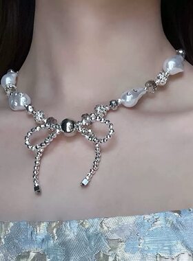 复古巴洛克珍珠闪钻蝴蝶结项链choker女轻奢高级锁骨链气质颈链潮