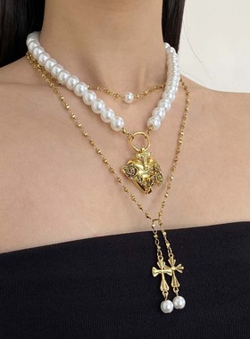 复古珍珠爱心双十字架吊坠项链女
