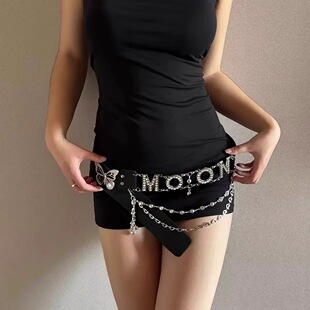 y2k满钻金属蝴蝶黑色腰带女辣妹小众流苏配裙子短裤腰链性感配饰