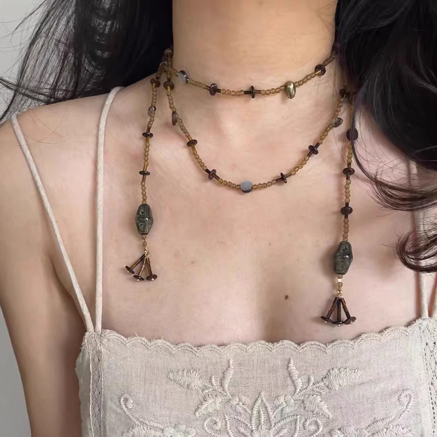 新中式长款彩色天然石串珠项链