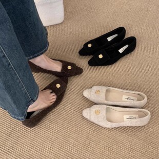 女平底保暖棉鞋 毛毛鞋 晚风通勤尖头呢子加绒单鞋 法式 女冬外穿新款