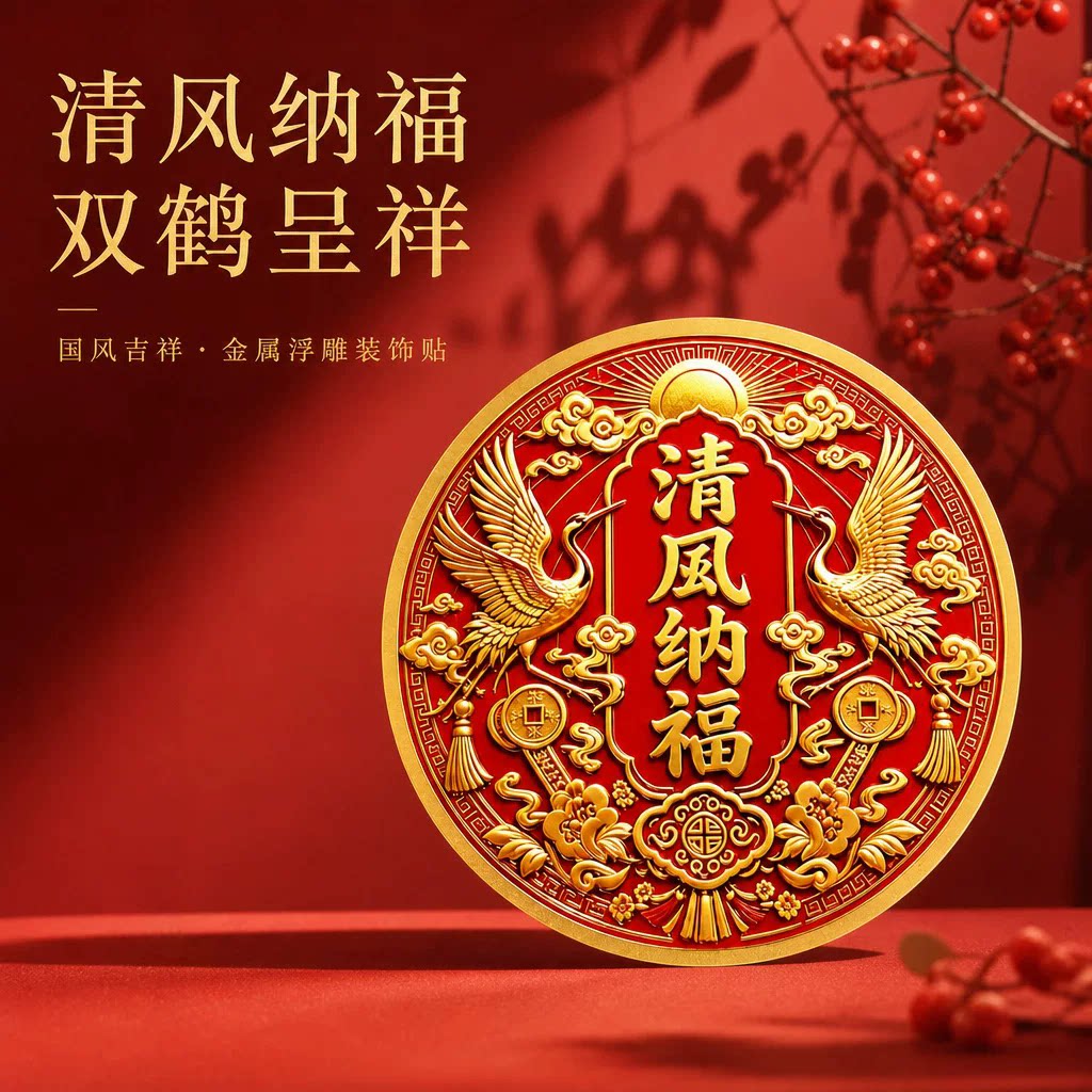 清风纳福圆形金属贴 双仙鹤国风民俗吉祥贴 家居装饰文创金箔贴纸