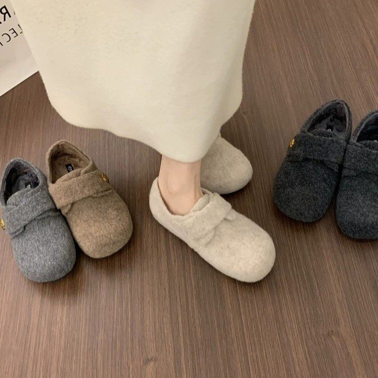 复古魔术贴一字带呢子毛毛鞋女外穿秋冬加绒乐福鞋保暖芭蕾棉鞋子