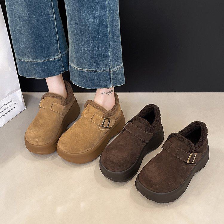 厚底增高勃肯鞋加绒加厚乐福鞋女2025新款冬季外穿棉鞋毛毛雪地靴