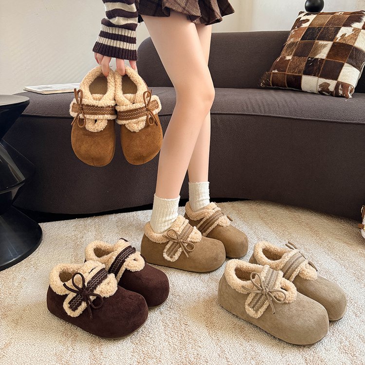蝴蝶结增高厚底勃肯鞋女士2025冬新款保暖雪地靴复古加绒毛毛棉鞋