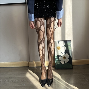 开裆丝袜女薄亚文化y2k蕾丝镂空渔网袜破洞连裤jk性感黑丝