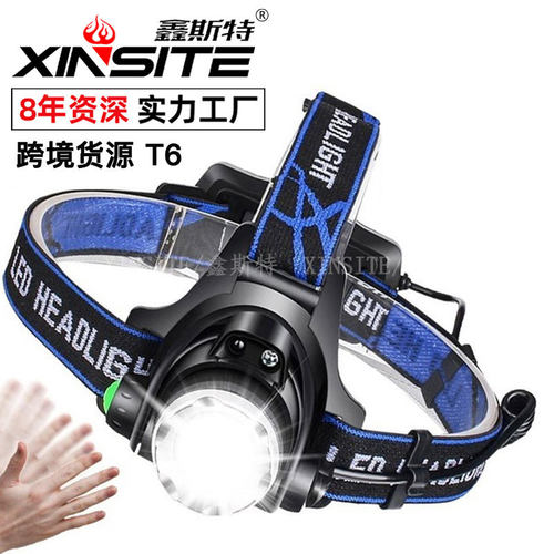 跨境USB感应头戴式 t6强光充电头灯led变焦户外登山夜钓灯