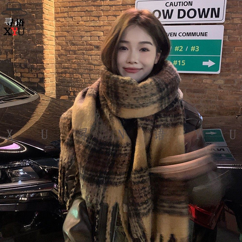 寻语  秋冬款围巾加绒加厚氛围感羊绒围脖美拉德复古拼色流苏围巾