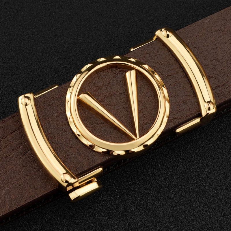 无牙皮带男士真皮光面自动扣无孔内穿腰带咖色正装简约西服裤带V