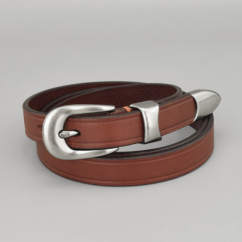 腰带女士真皮头层牛皮皮带细棕咖色百搭针扣复古装饰配裙牛仔裤带