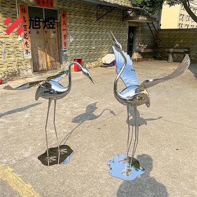 现货镜面不锈钢仙鹤雕塑户外花园庭院草坪景观装饰火烈鸟白鹭摆件