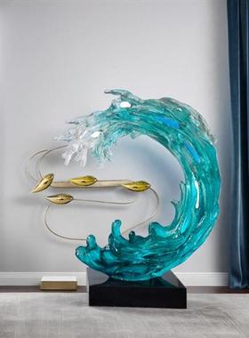 现代家居装饰工艺品透明树脂抽象雕塑样板房玄关客厅创意海浪摆件