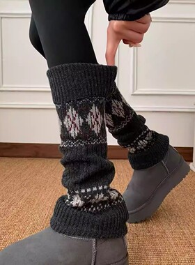 奶白袜套配雪地靴显瘦长筒袜套费尔岛堆堆袜套女秋冬保暖针织袜套