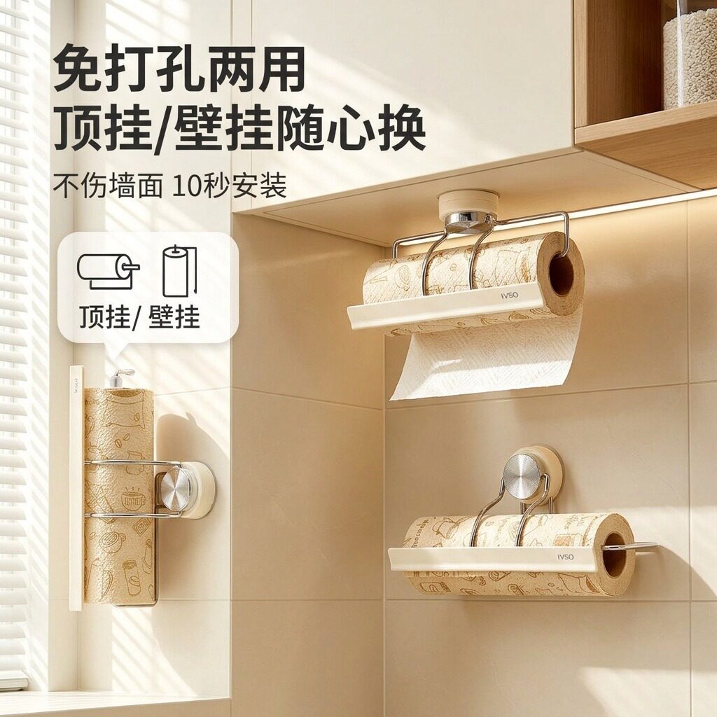 吸盘厨房纸巾架免打孔橱柜用纸挂架抽纸卷纸架懒人抹布保鲜膜挂架