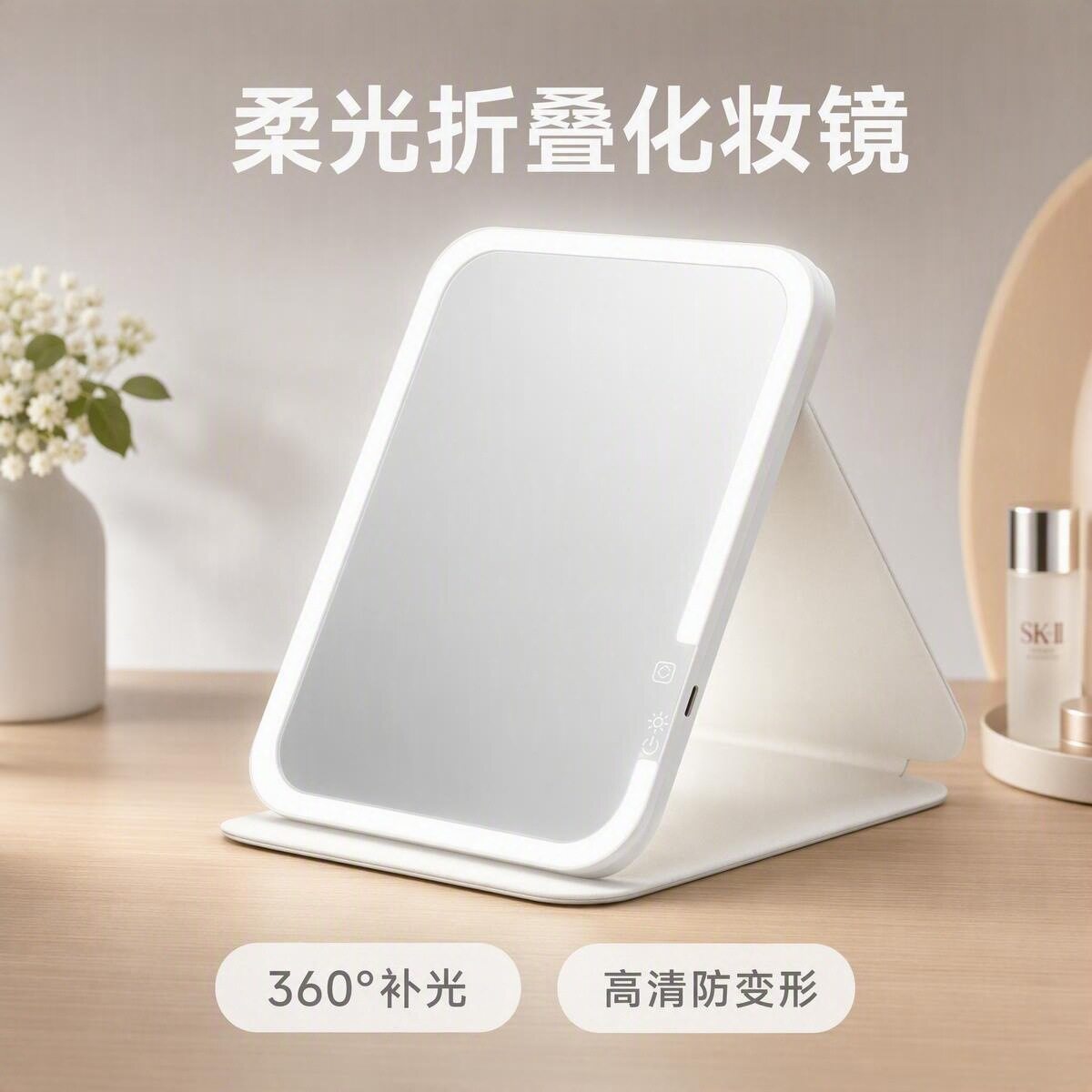 折叠LED化妆镜智能触控三色柔光