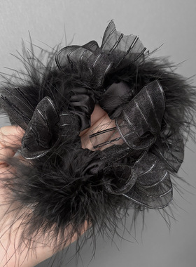 高级感纯欲风黑色羽毛发圈气质扎马尾头绳发饰2026新款肠圈发绳女