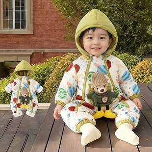 [鸣爬]婴儿秋冬季加绒加厚白鸭绒羽绒服连体衣男女宝宝保暖外出服
