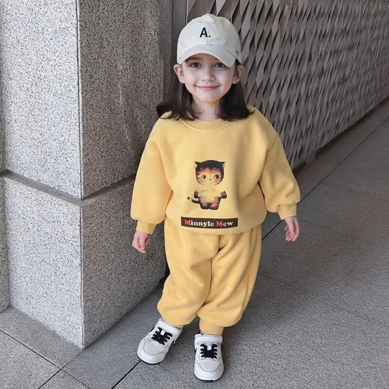 [那子]女童冬季加绒加厚卫衣卫裤韩版宝宝休闲外出超洋气保暖套装