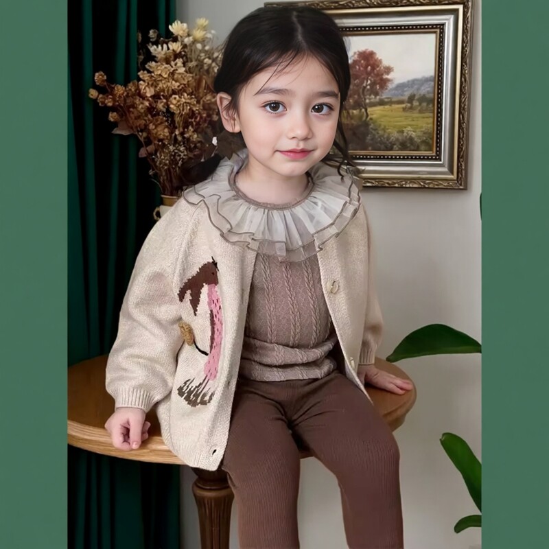 [那子]女童春秋毛衣开衫外套女宝宝外穿打底裤内搭打底衫外出套装