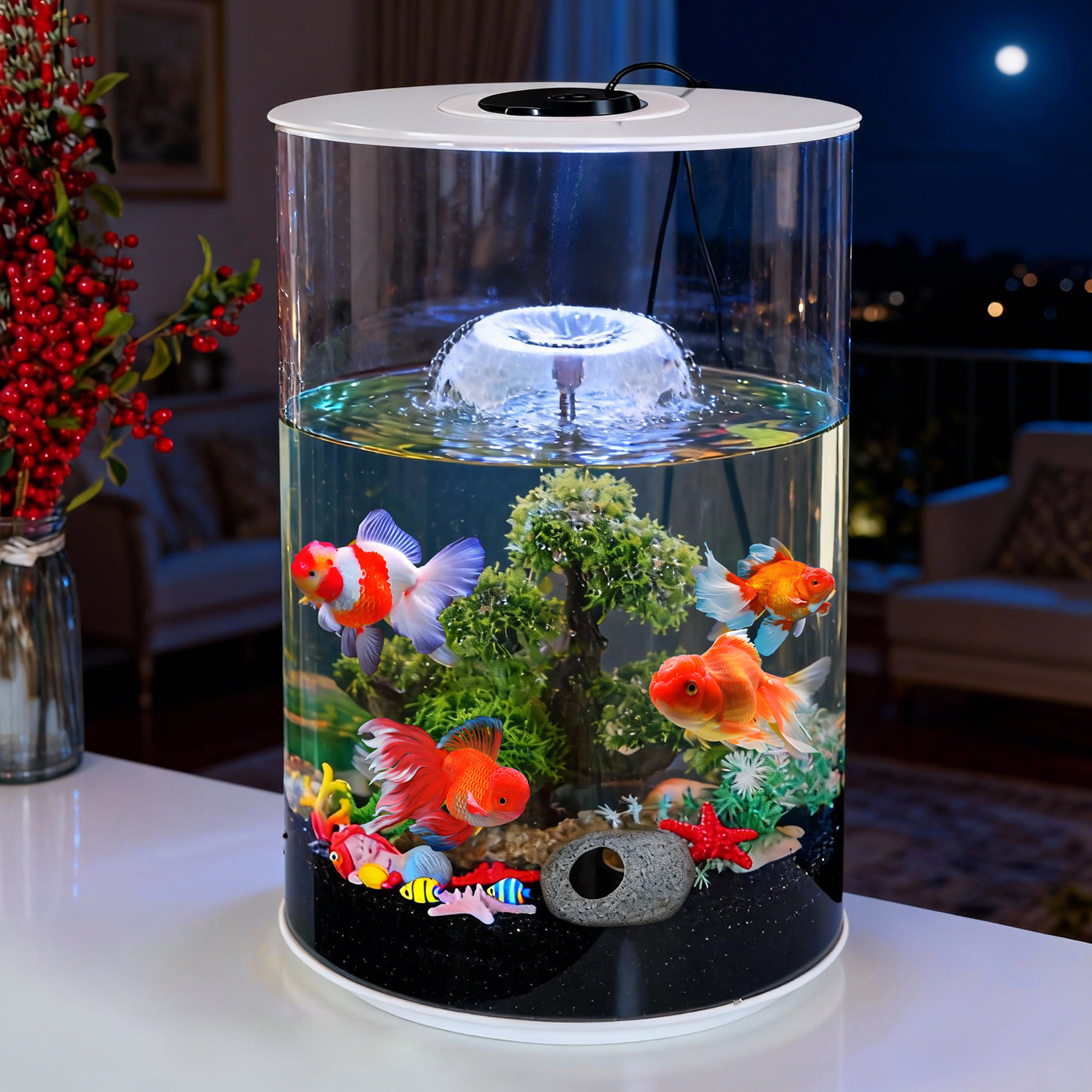 鱼缸过滤制氧一体机桌面圆柱客厅家用小型生态观赏鱼缸懒人造景缸