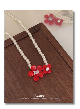 时尚红鸢尾高级感花朵珍珠项链女设计感锁骨高级轻奢小众甜酷辣妹