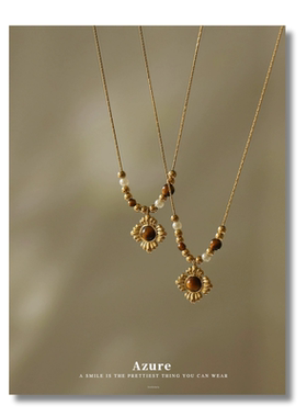 焦糖拉德美古风花朵丝绒虎眼石中串珠项链锁骨女高级感2024新款