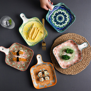 北欧创意烤盘陶瓷网红盘子家用菜盘牛排西餐意面餐盘带手柄的餐具