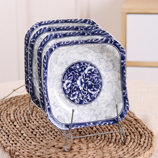 日式青花釉下彩创意方形陶瓷盘子深菜盘家用餐具汤盘碟2-4个套装