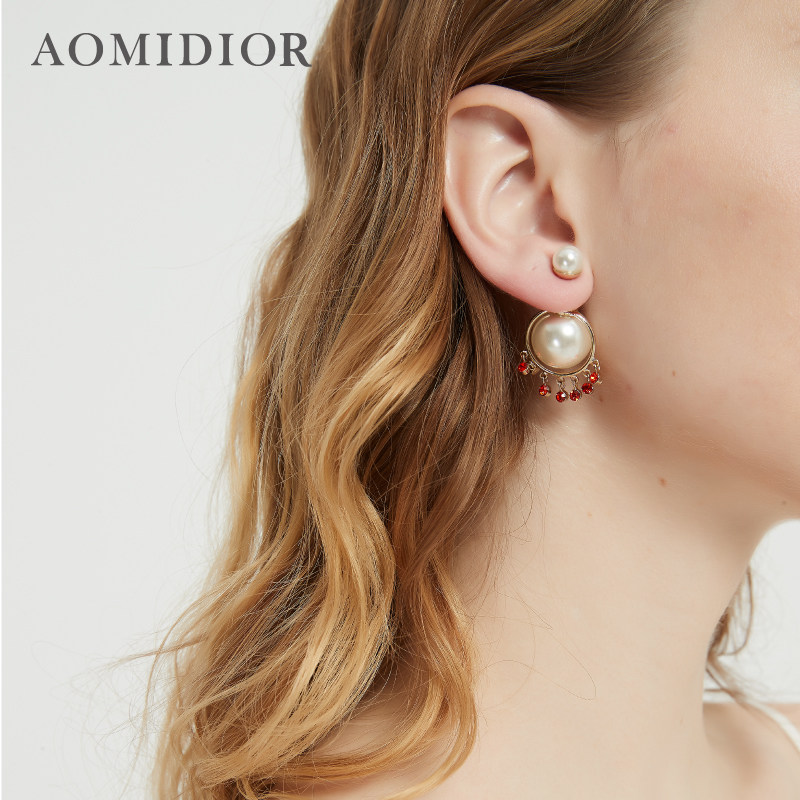 奥米迪奥大小珍珠马眼带钻欧美短款精致耳钉耳环前后双面2022新款