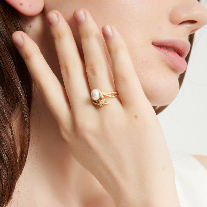 奥米迪奥绳结镶钻珍珠开口戒指气质网红百搭2021新潮S925银女指环
