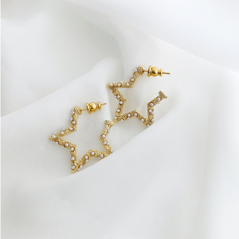 奥米迪奥星星镶嵌小米珠开口耳环耳钉女2021新潮款耳饰银简约气质