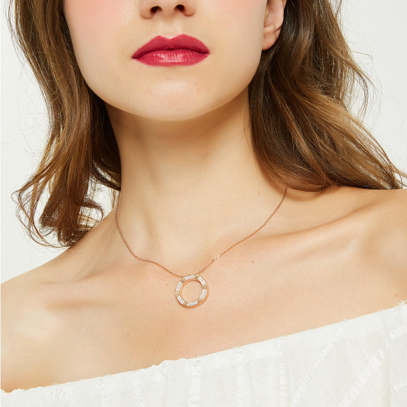 奥米迪奥潮满钻love双面项链锁骨链女轻奢玫瑰金气质款送女友礼物