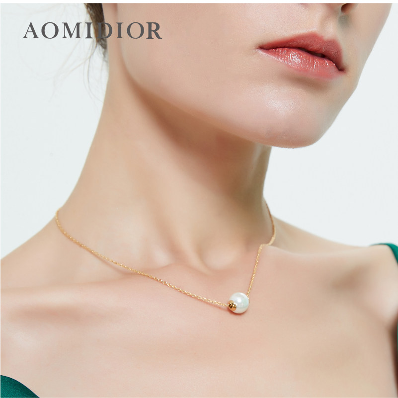 奥米迪奥项链女简约日韩时尚单珍珠吊坠甜美锁骨链优雅气质百搭银