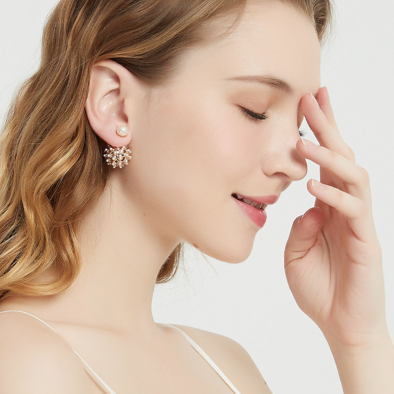 奥米迪奥镂空圆球米珠韩国甜美日韩风耳钉前后挂气质简约短款耳环